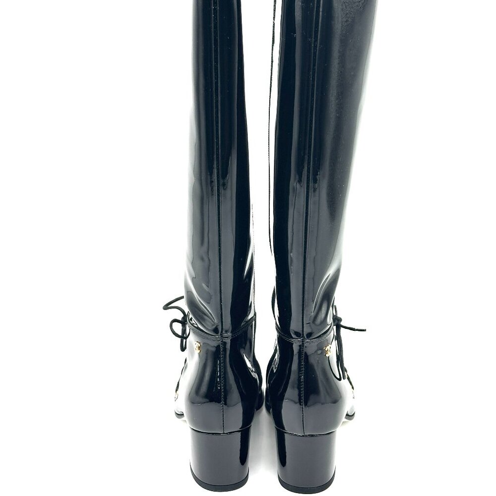 CHANEL 15A Patent Calf Leather Knee High Tall Lace Up Boots Shoes - Picture 10 of 16